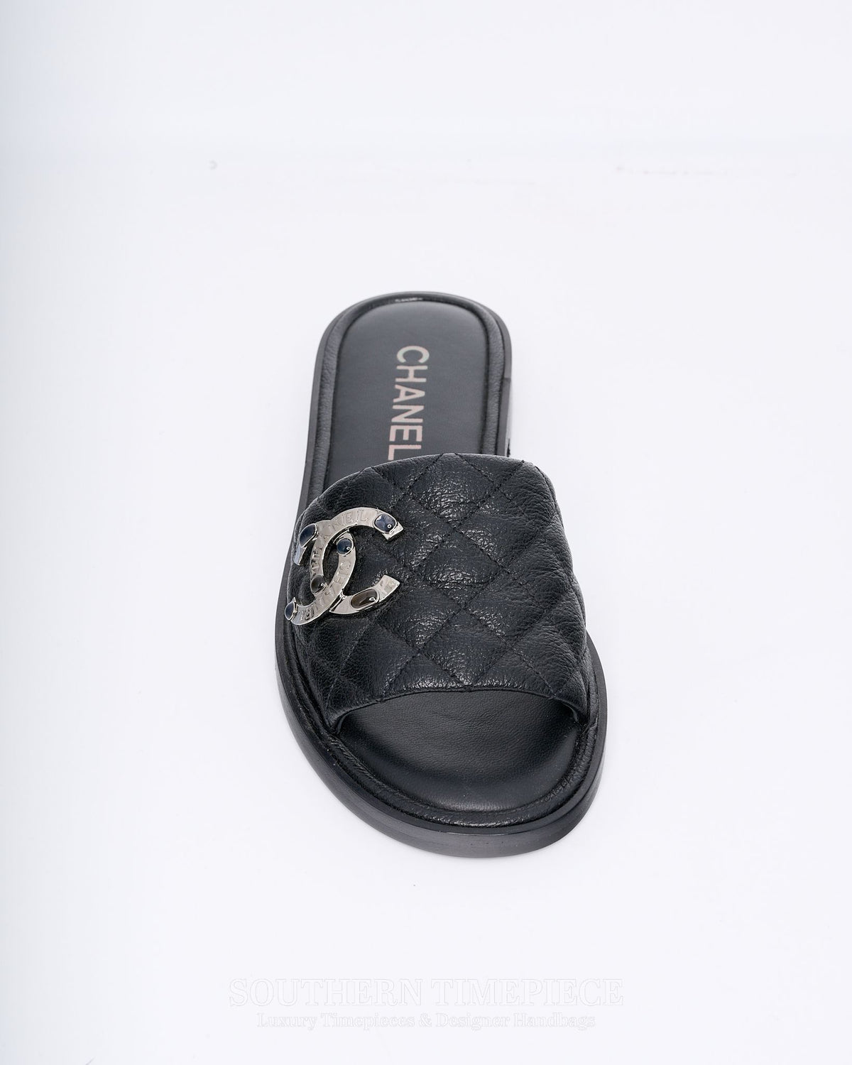 Chanel CC Logo Quilted Slides - Black Shiny Goatskin Leather (Size 36)