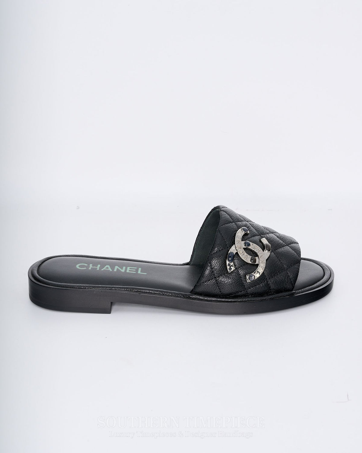 Chanel CC Logo Quilted Slides - Black Shiny Goatskin Leather (Size 36)