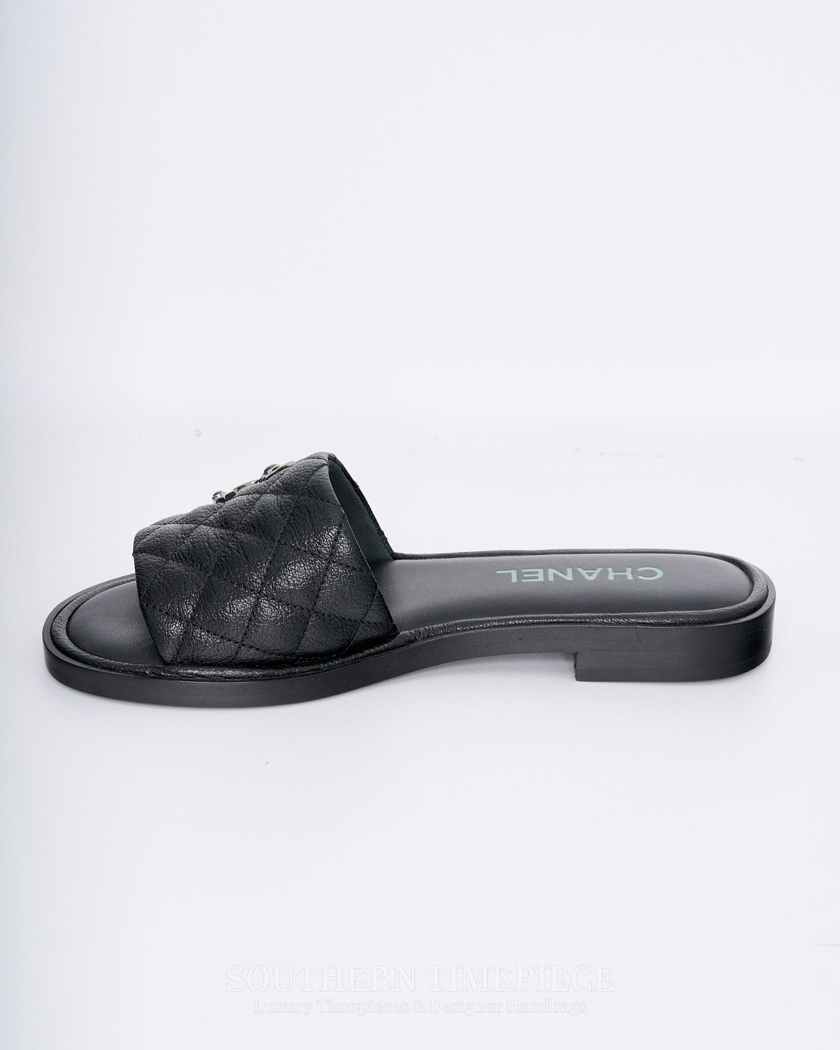 Chanel CC Logo Quilted Slides - Black Shiny Goatskin Leather (Size 36)