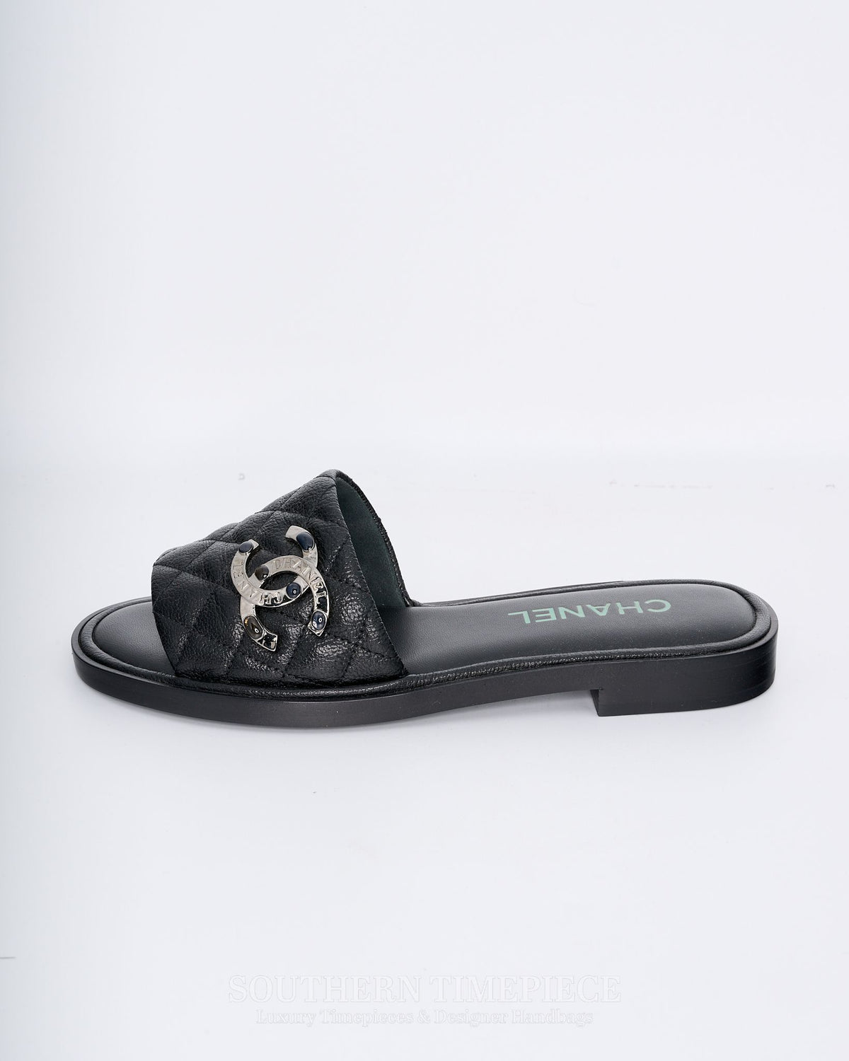 Chanel CC Logo Quilted Slides - Black Shiny Goatskin Leather (Size 36)
