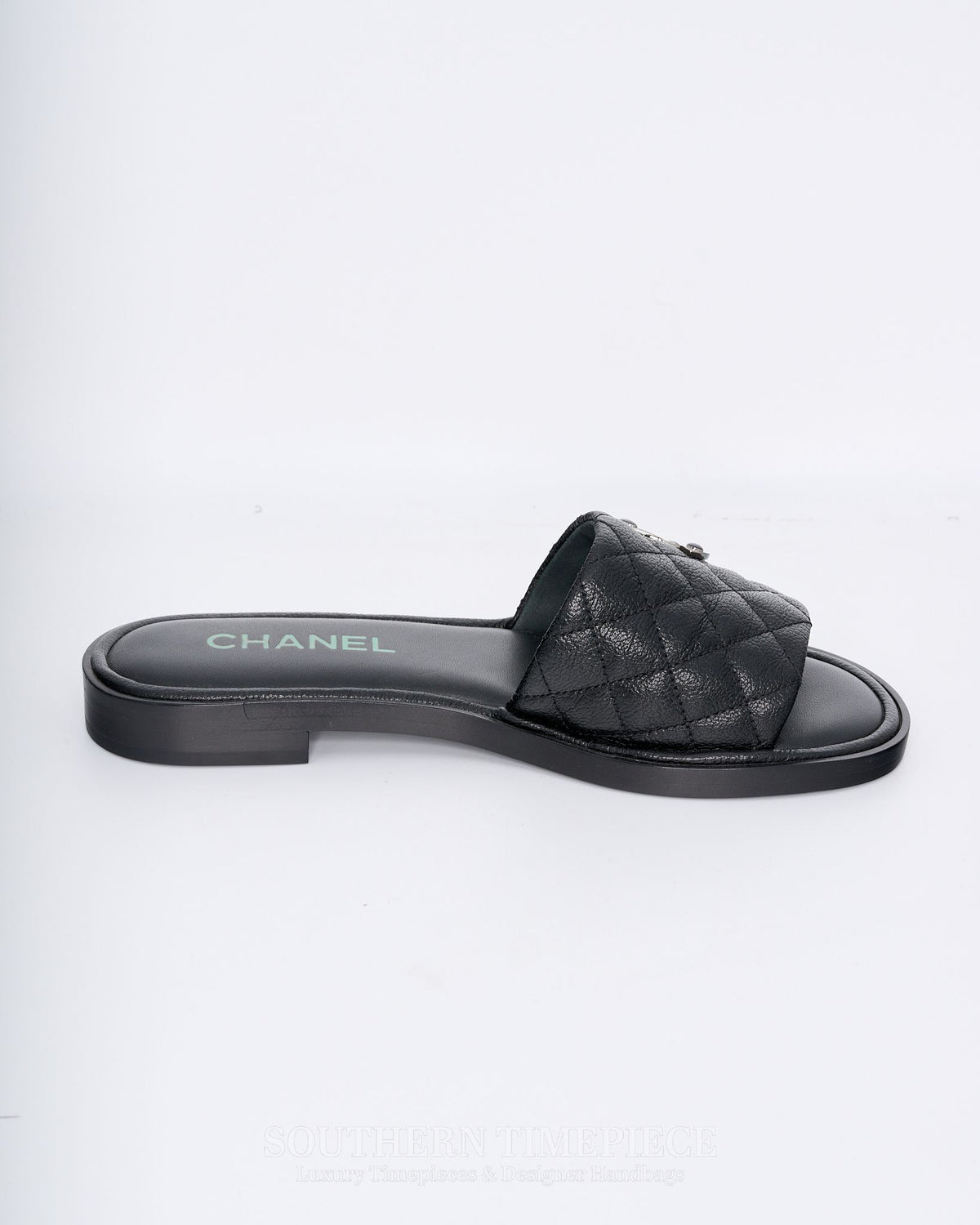 Chanel CC Logo Quilted Slides - Black Shiny Goatskin Leather (Size 36)