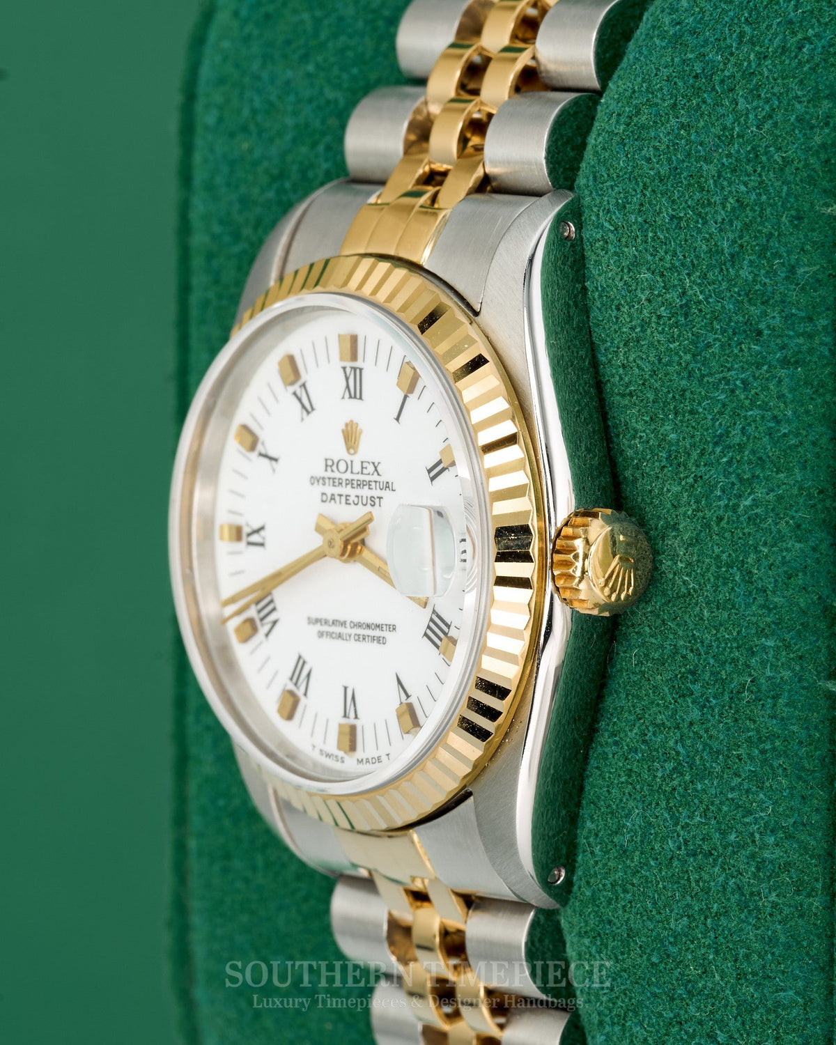 31mm Rolex Datejust with White Roman Buckley Dial in 18kt Yellow Gold and Stainless on Jubilee (Ref: 68273)(Year: 1991)