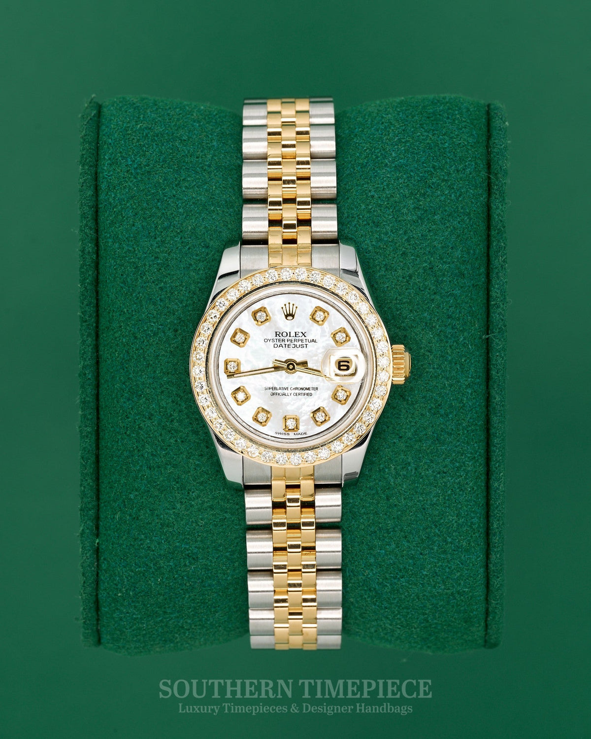 26mm Rolex Datejust with Custom Mother of Pearl Diamond Dial and Diamond Bezel in 18kt Yellow Gold and Stainless on Jubilee (Ref: 179173)(Year: 2007)