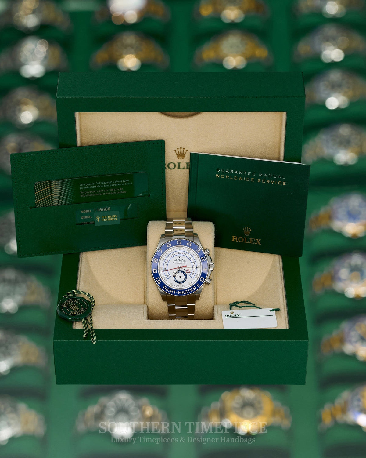 44mm Rolex Yacht-Master II in Stainless Steel with Blue Bezel and White Dial on Oyster (Ref: 116680)(Year: 2020)(Box & Papers)