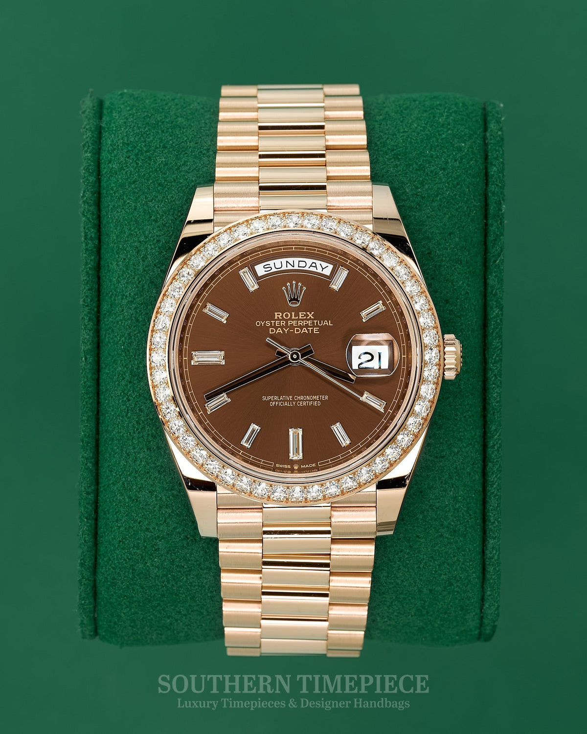 40mm Rolex Day-Date "President" with Factory Baguette Chocolate Dial and Diamond Bezel in 18kt Rose Gold (Ref: 228345RBR)(Year: 2023)(Box & Papers)