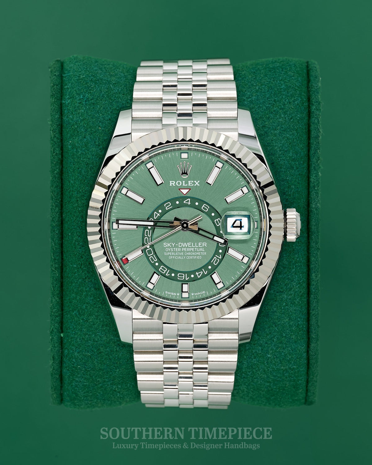 42mm Rolex Sky-Dweller with Mint Green Dial in 18kt White Gold and Oystersteel on Jubilee (Ref: 336934)(Year: 2024)(Box & Papers)