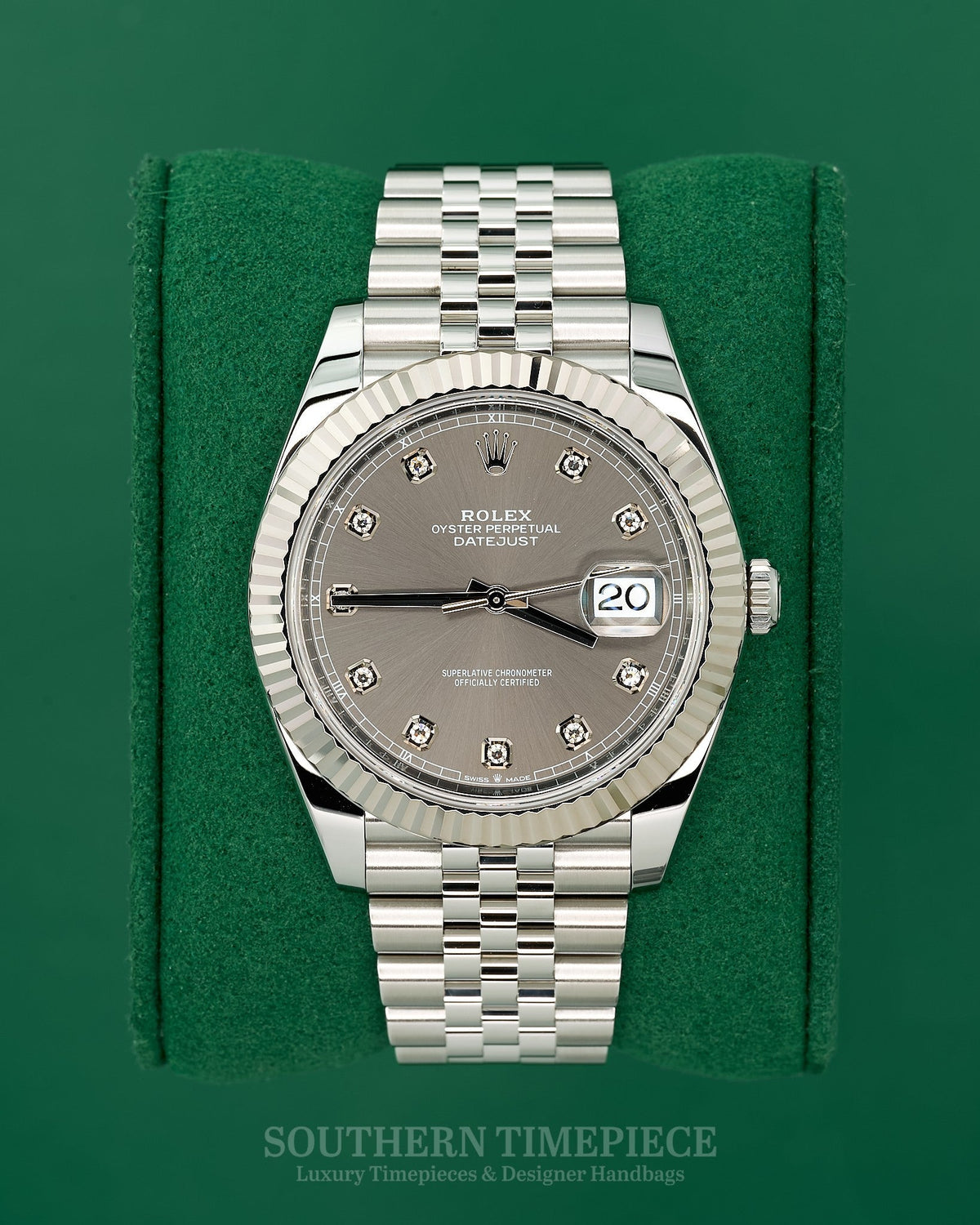 41mm Rolex Datejust with Factory Rhodium Diamond Dial in 18kt White Gold and Oystersteel on Jubilee (Ref: 126334)(Year: 2018+)(Box & Appraisal)
