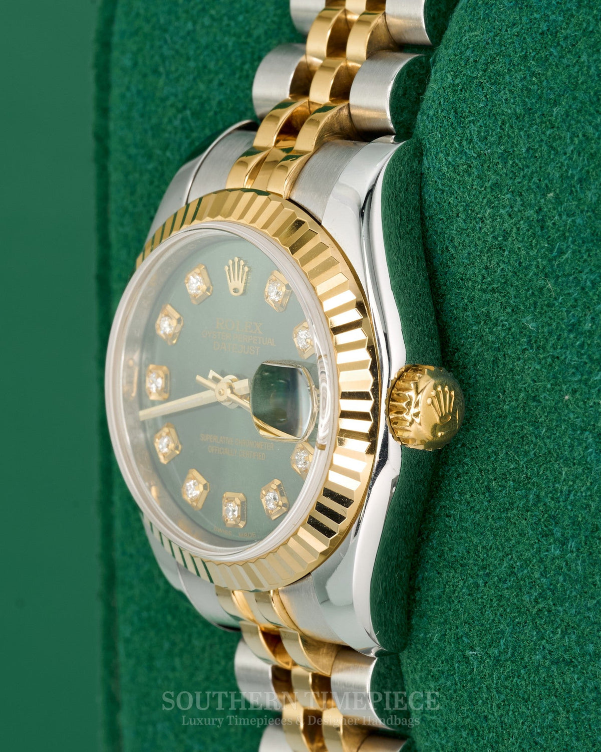 26mm Rolex Datejust with a Custom Green Diamond Dial in 18kt Yellow Gold and Stainless on Jubilee (Ref: 179173)(Year: 2009)