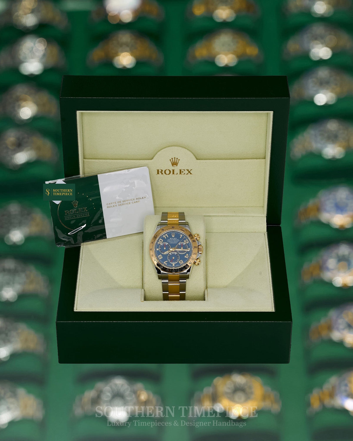 40mm Rolex Daytona with Rare Blue Racing Dial in 18kt Yellow Gold and Stainless on Oyster (Ref: 116523)(Year: 2009)(Box & RSC Card)