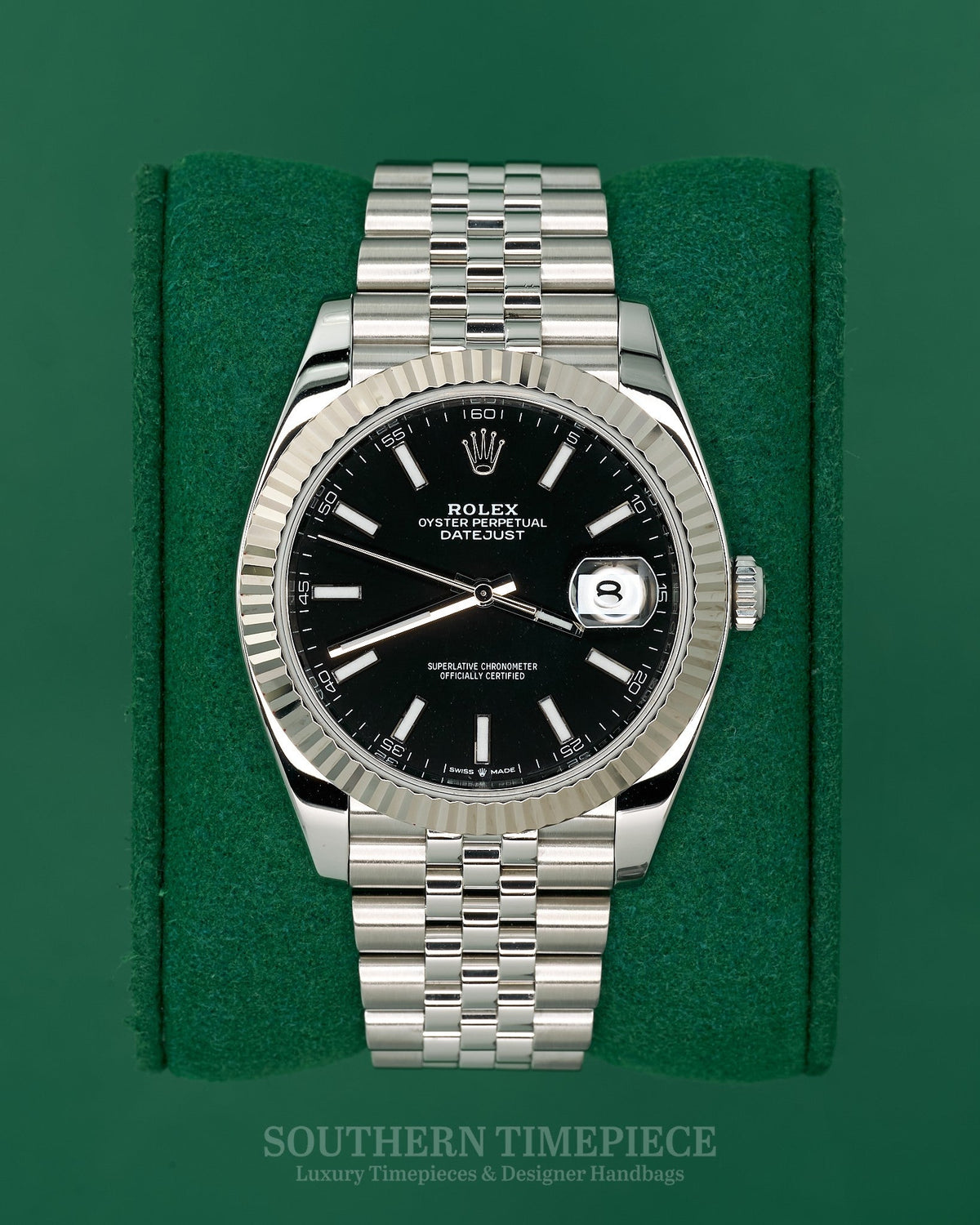 41mm Rolex Datejust with Black Stick Dial in 18kt White Gold and Oystersteel on Jubilee (Ref: 126334)(Year: 2019+)(Box & Appraisal)