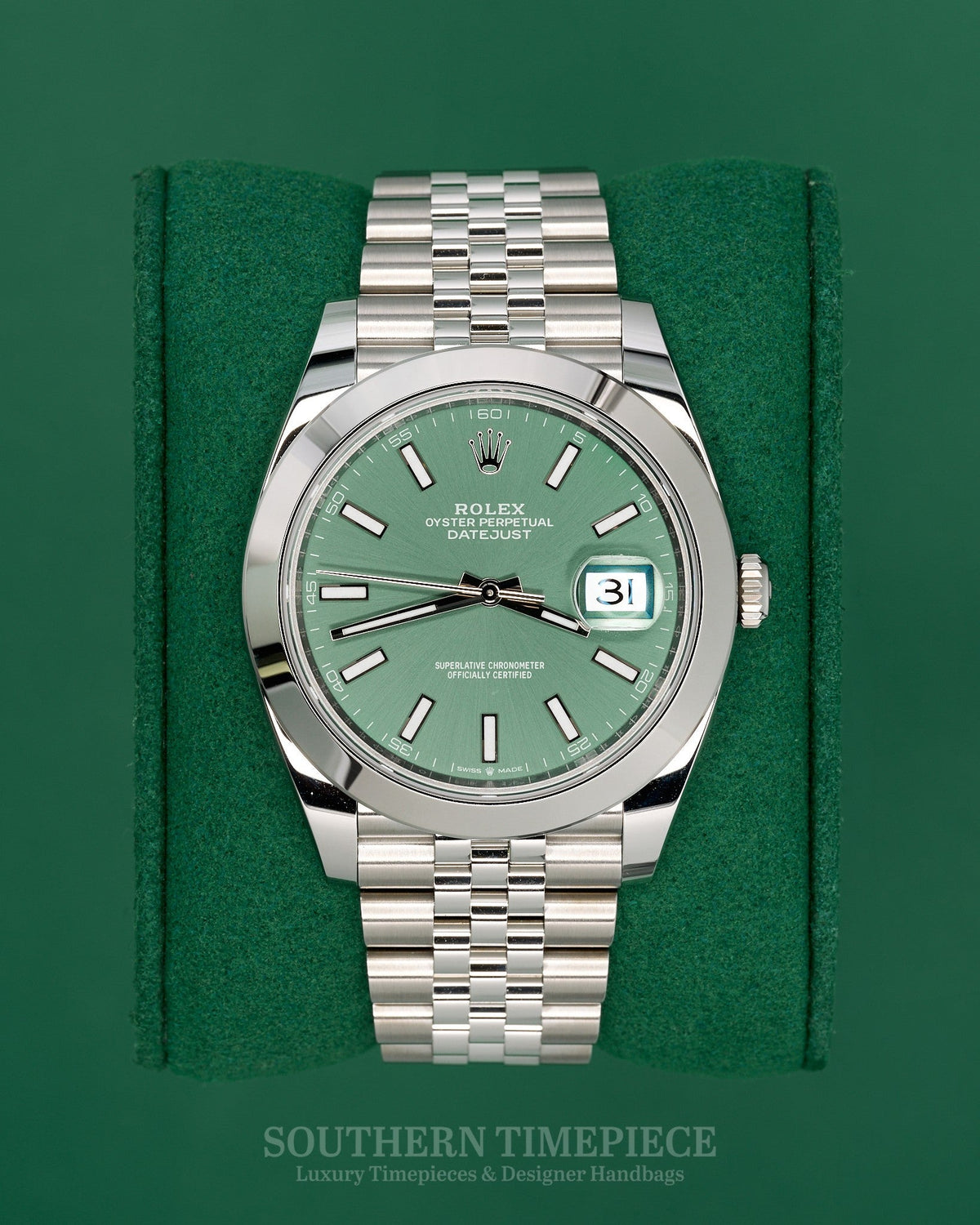 Like New MINT 41mm Rolex Datejust with Mint Green Dial and Smooth Bezel in Stainless Steel on Jubilee (Ref: 126300)(Year: 2025)(Box & Papers)