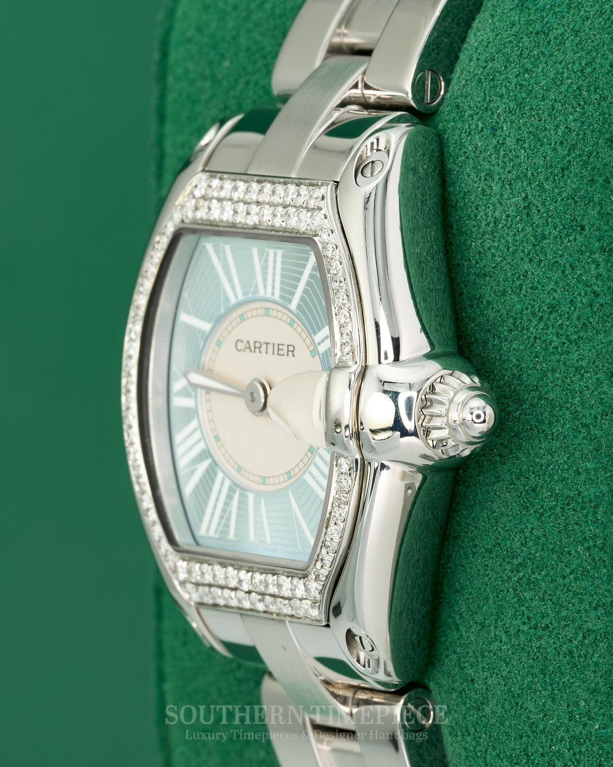 32mm Cartier Roadster with Rare Ice Blue Roman Numeral Dial in Stainless Steel with Custom Diamonds (Ref: W62016V3)(Year: 2000's-2010's)
