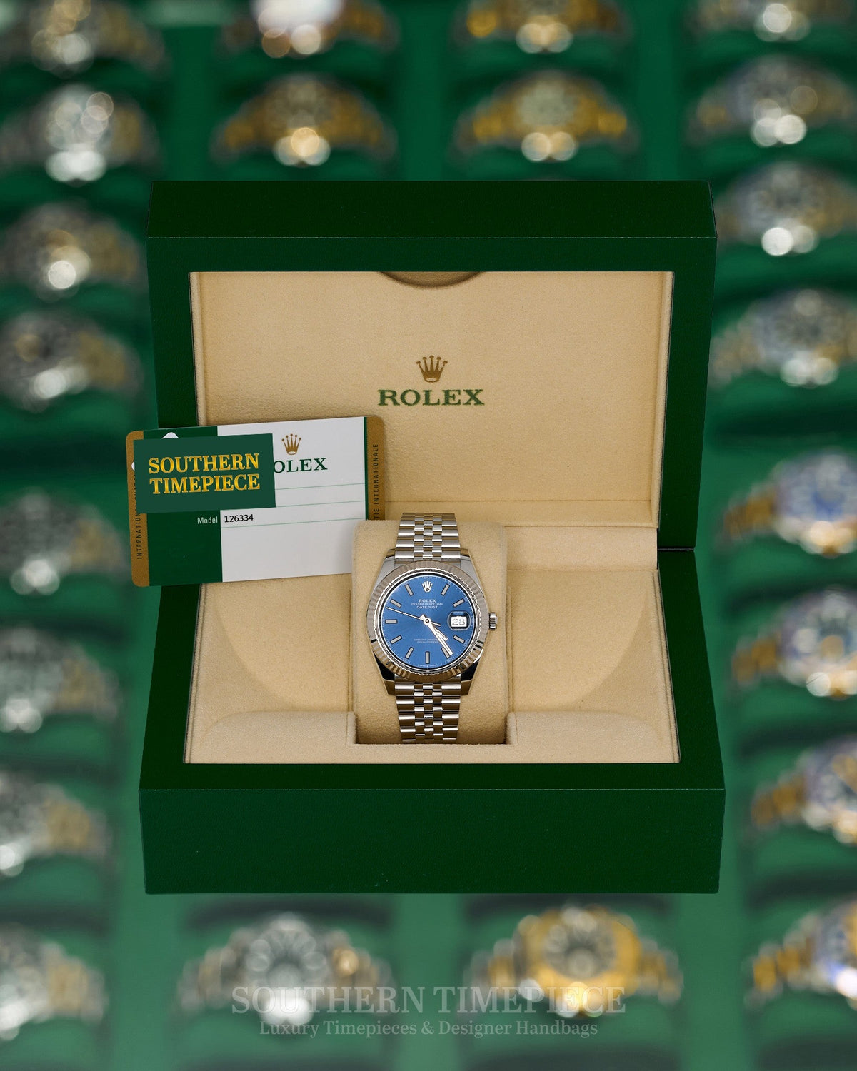 41mm Rolex Datejust in 18kt White Gold and Oystersteel with Blue Stick Dial on Jubilee (Ref: 126334)(Year: 2018)(Box & Papers)