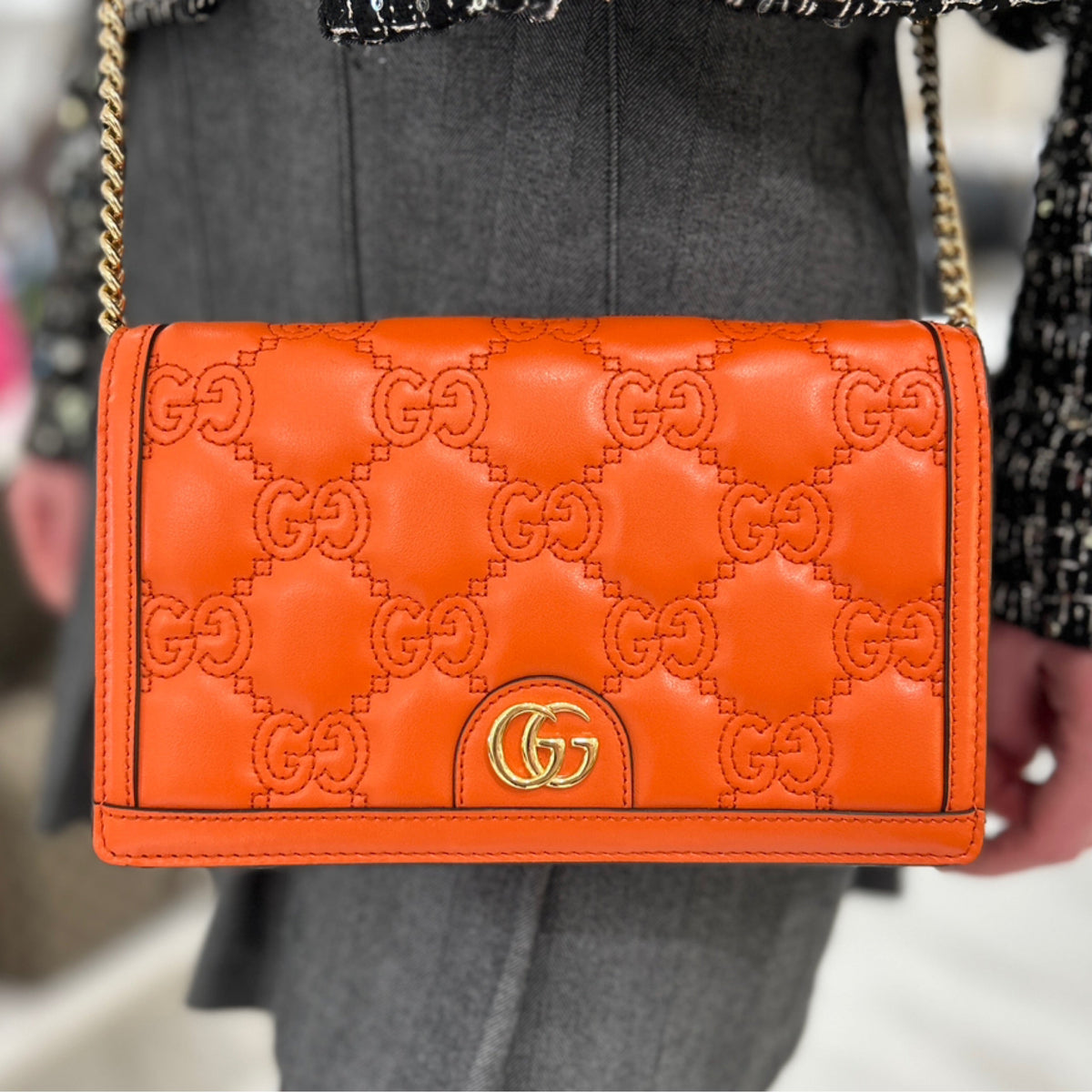 Gucci GG Matelasse Chain Wallet - Orange Leather