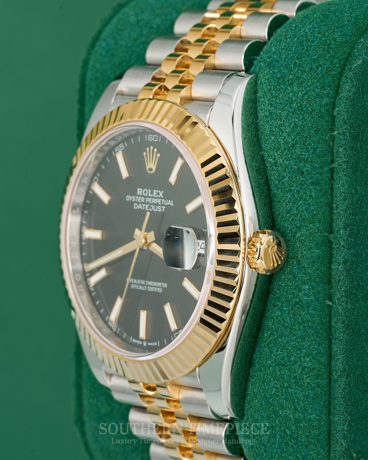 41mm Rolex Datejust with Black Stick Dial in 18kt Yellow Gold and Stainless on Jubilee (Ref: 126333)(Year: 2021)(Box & Papers)