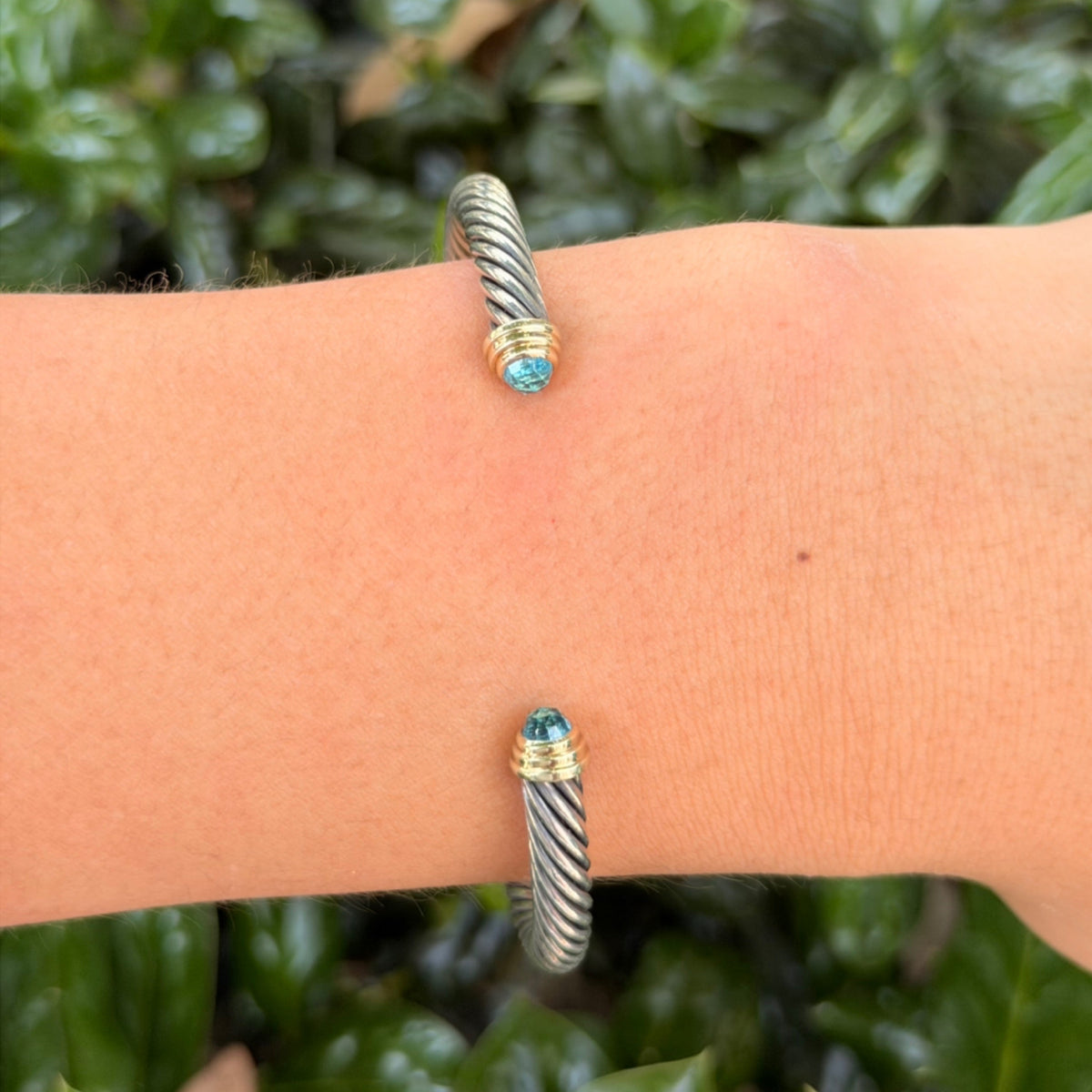 David Yurman Classic Cable Bracelet - 5mm Sterling Silver with 14K Yellow Gold & Blue Topaz