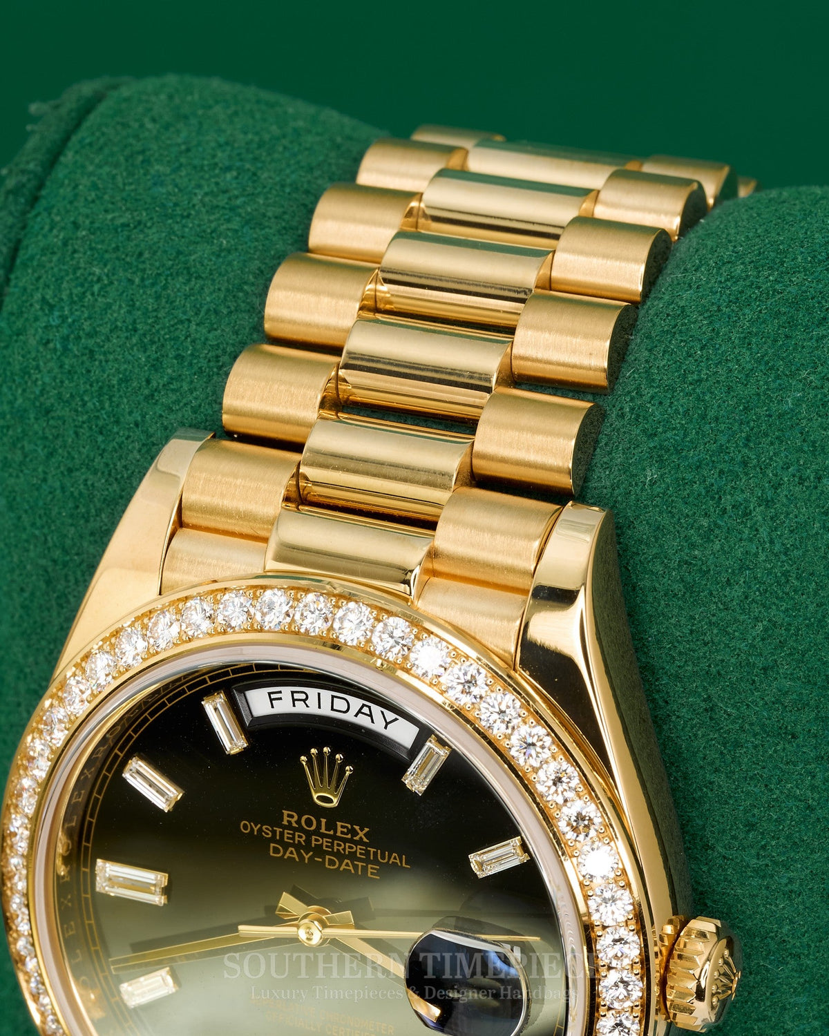 40mm Rolex Day-Date "President" with Factory Black Baguette Diamond Dial and Diamond Bezel in Solid 18kt Yellow Gold (Ref: 228348RBR)(Year: 2019)(B&P)