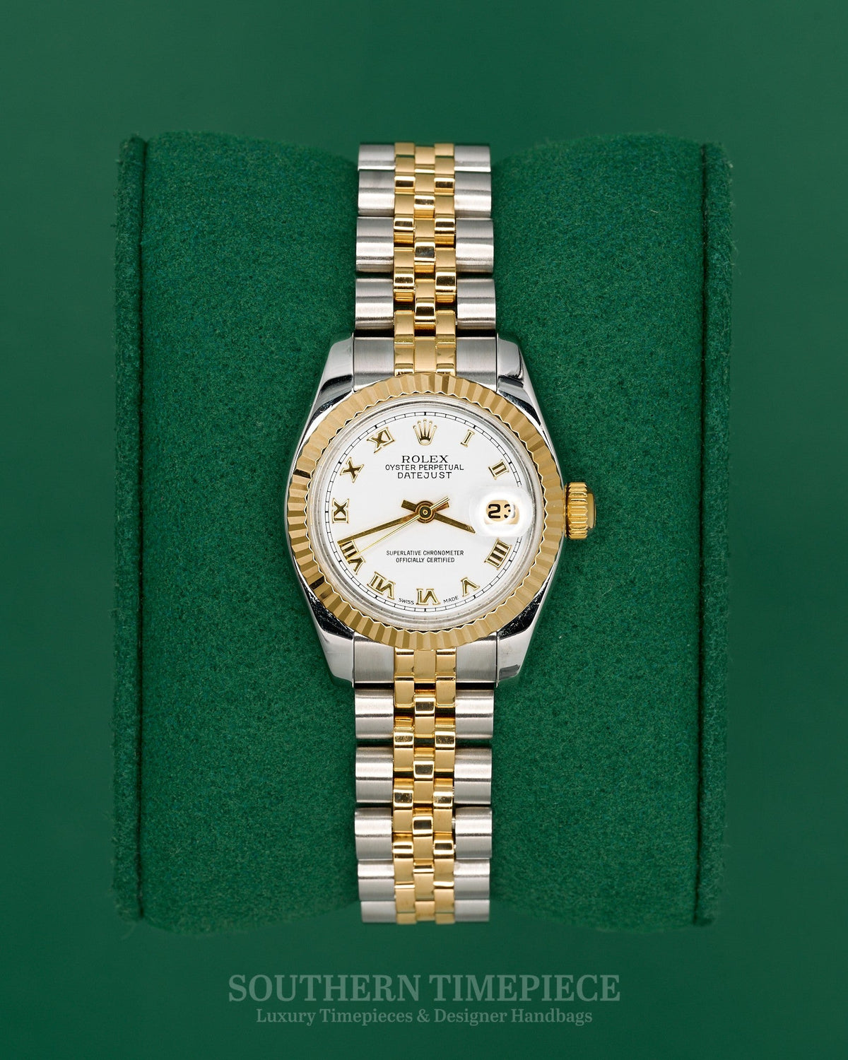 26mm Ladies Rolex Datejust with White Roman Numeral Dial in 18kt Yellow Gold and Stainless on Jubilee (Ref: 179173)(Year: 2005)