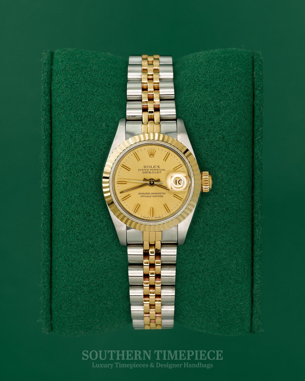 26mm Rolex Datejust with Champagne Stick Dial in 18kt Yellow Gold and Stainless on Jubilee (Ref: 69173)(Year: 1990) (A260468)