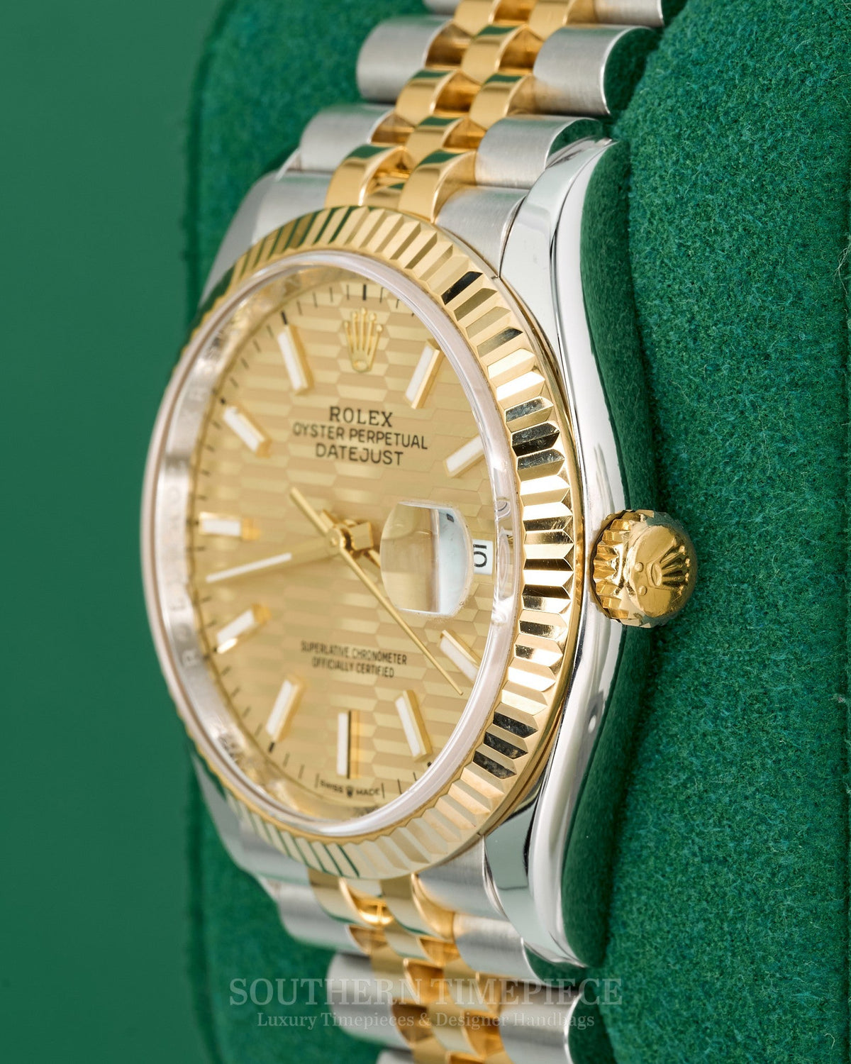 36mm Rolex Datejust with Champagne Motif Fluted Dial in 18kt Yellow Gold and Steel on Jubilee (Ref: 126233)(Year: 2021)(Box & Papers)