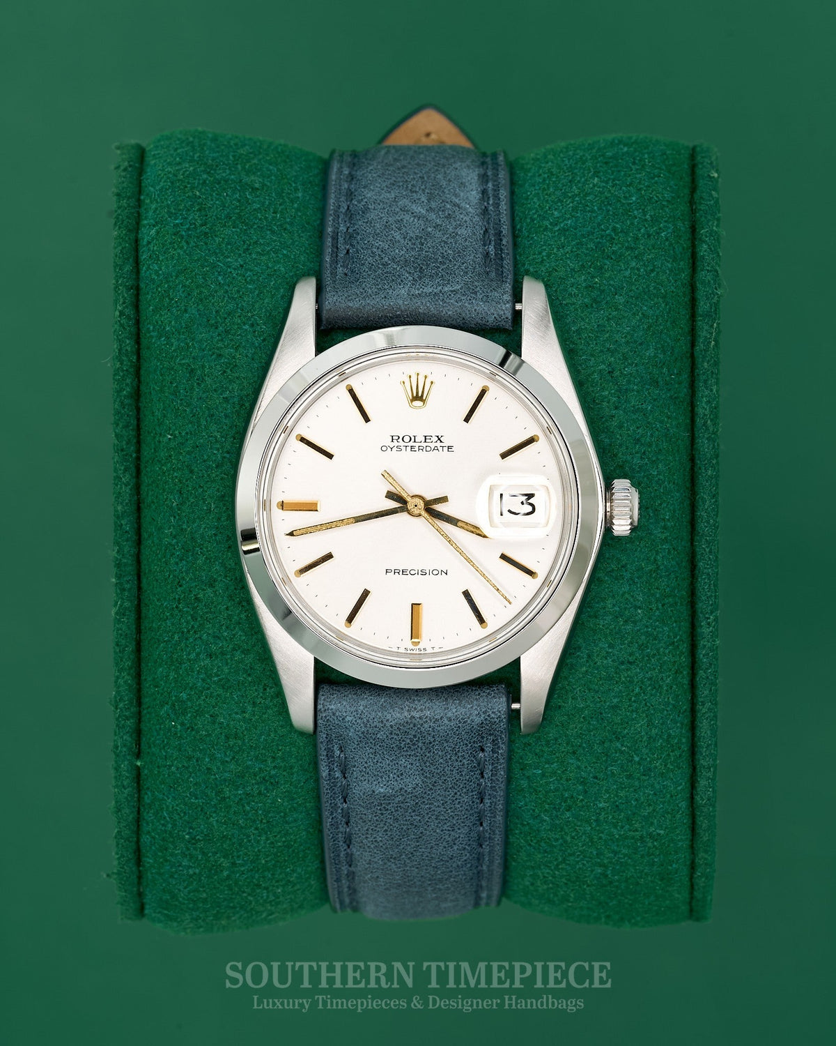 34mm Rolex Oysterdate Precision with Silver Stick Dial on Custom Blue Leather Strap (Ref: 6694)(Year: 1975)