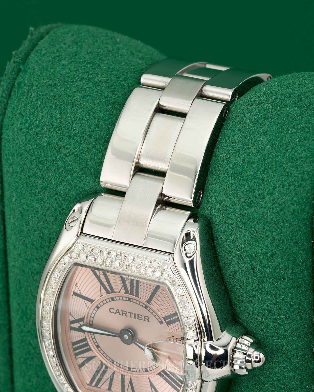32mm Cartier Roadster with Pink Roman Dial in Stainless Steel with Custom Diamonds (Ref: W62017V3)(Year: 2000's-2010's)