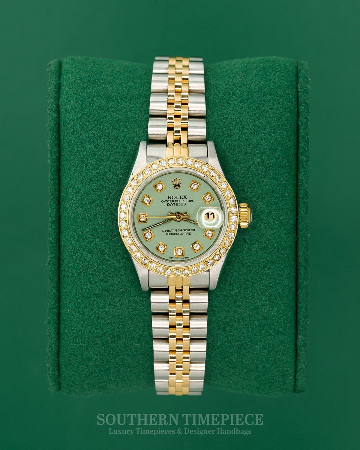 26mm Rolex Datejust with Custom Pistachio Diamond Dial and Diamond Bezel in 18kt Yellow Gold and Stainless (Ref: 69173)(Year: 1984)