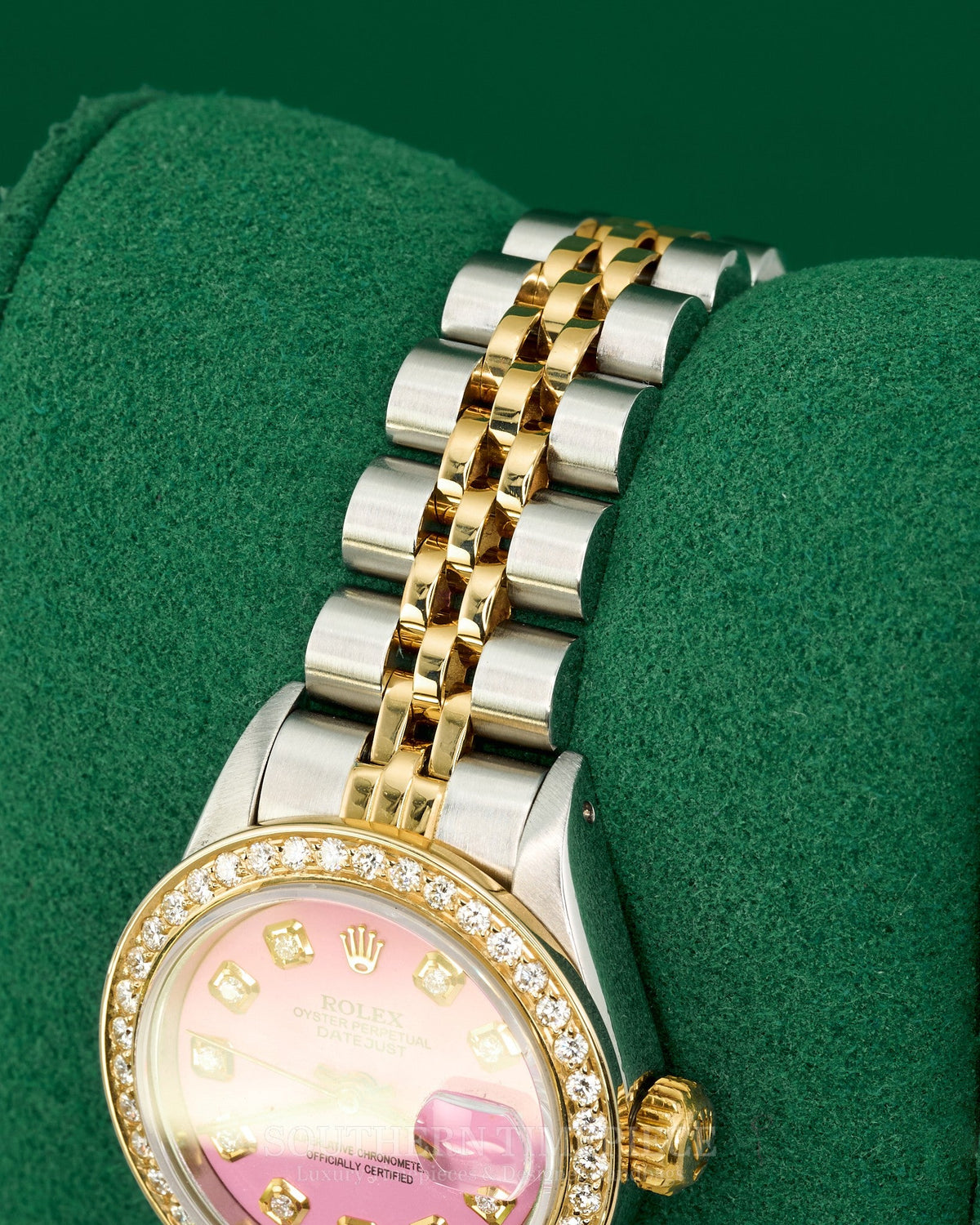 26mm Rolex Datejust with Custom Barbie Pink Diamond Dial and Diamond Bezel in 18kt Yellow Gold and Stainless (Ref: 69173)(Year: 1984)
