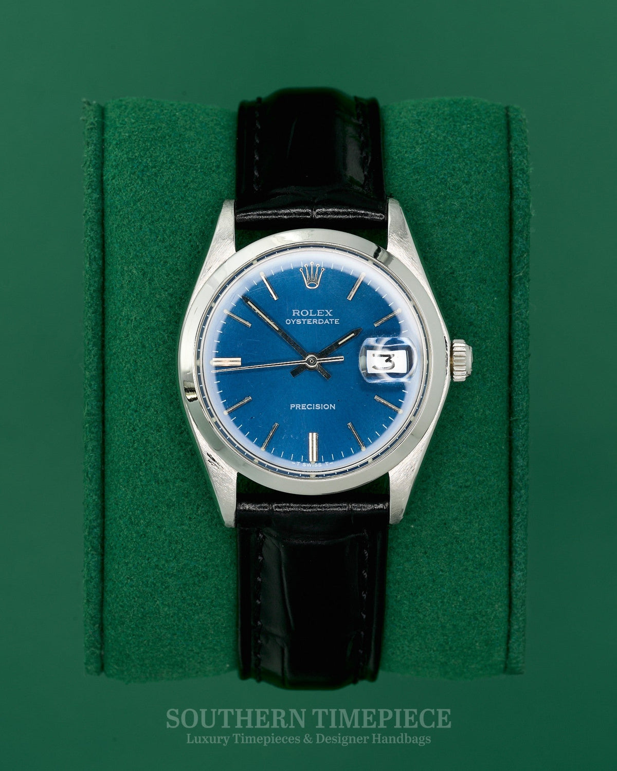 34mm Rolex Oysterdate Precision with Custom Blue Stick Dial on Black Leather (Ref: 6694)(Year: 1971)