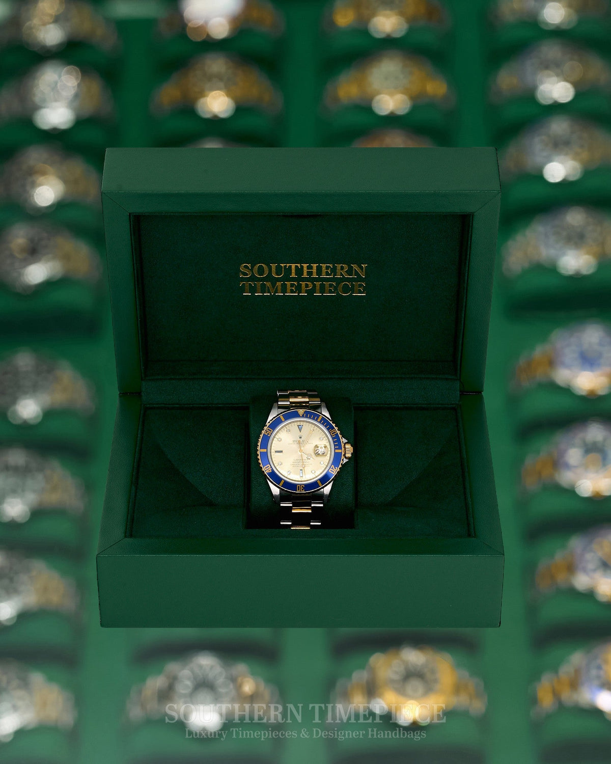 40mm Rolex Submariner Date "Bluesy" with Custom Champagne Serti Dial in 18kt Yellow Gold and Stainless (Ref: 16613)(Year: 1999)
