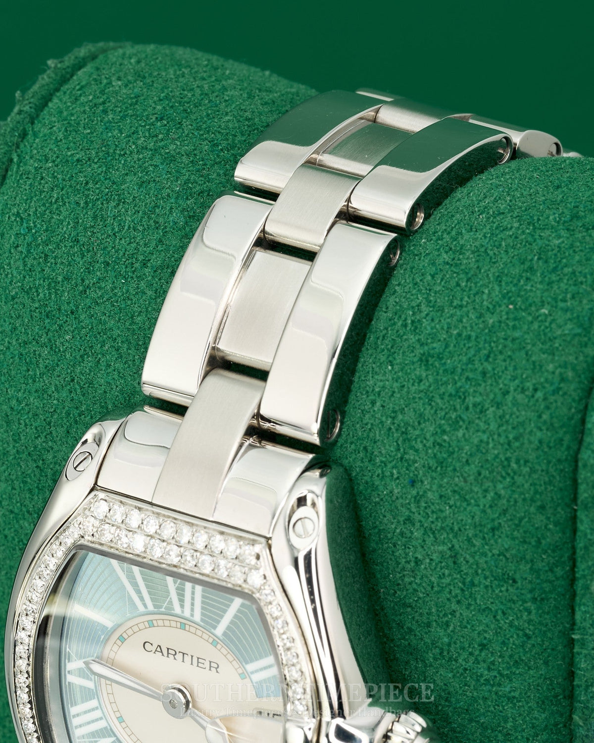 32mm Cartier Roadster with Rare Ice Blue Roman Numeral Dial in Stainless Steel with Custom Diamonds (Ref: W62016V3)(Year: 2000's-2010's)