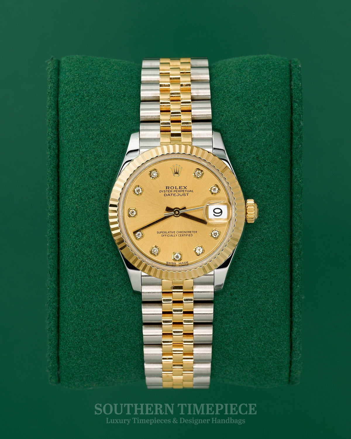 31mm Rolex Datejust with Factory Champagne Diamond Dial in 18kt Yellow Gold and Stainless on Jubilee (Ref: 278273)(Year: 2019+)(Box & Appraisal)