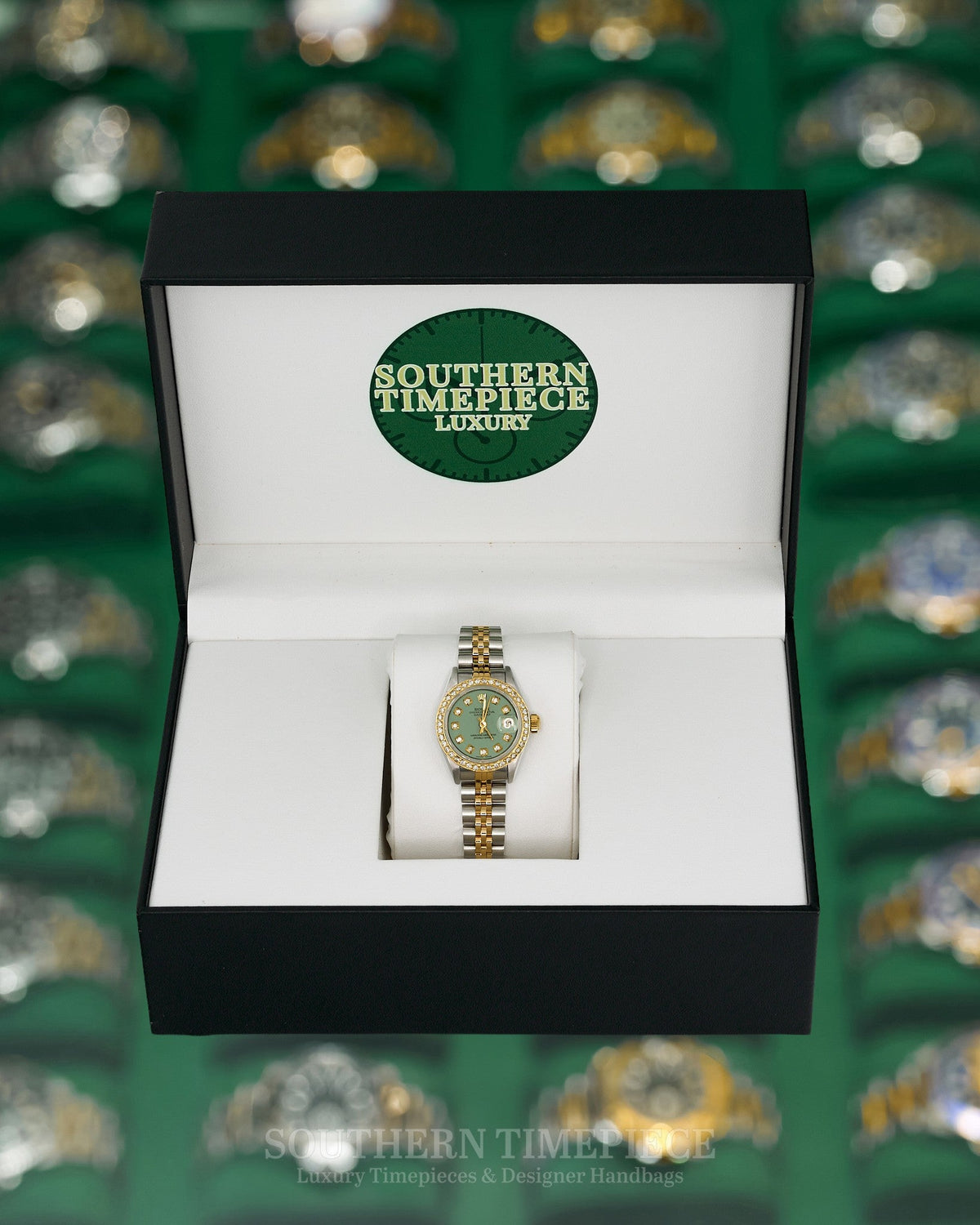 26mm Rolex Datejust with Custom Pistachio Diamond Dial and Diamond Bezel in 18kt Yellow Gold and Stainless (Ref: 69173)(Year: 1984)