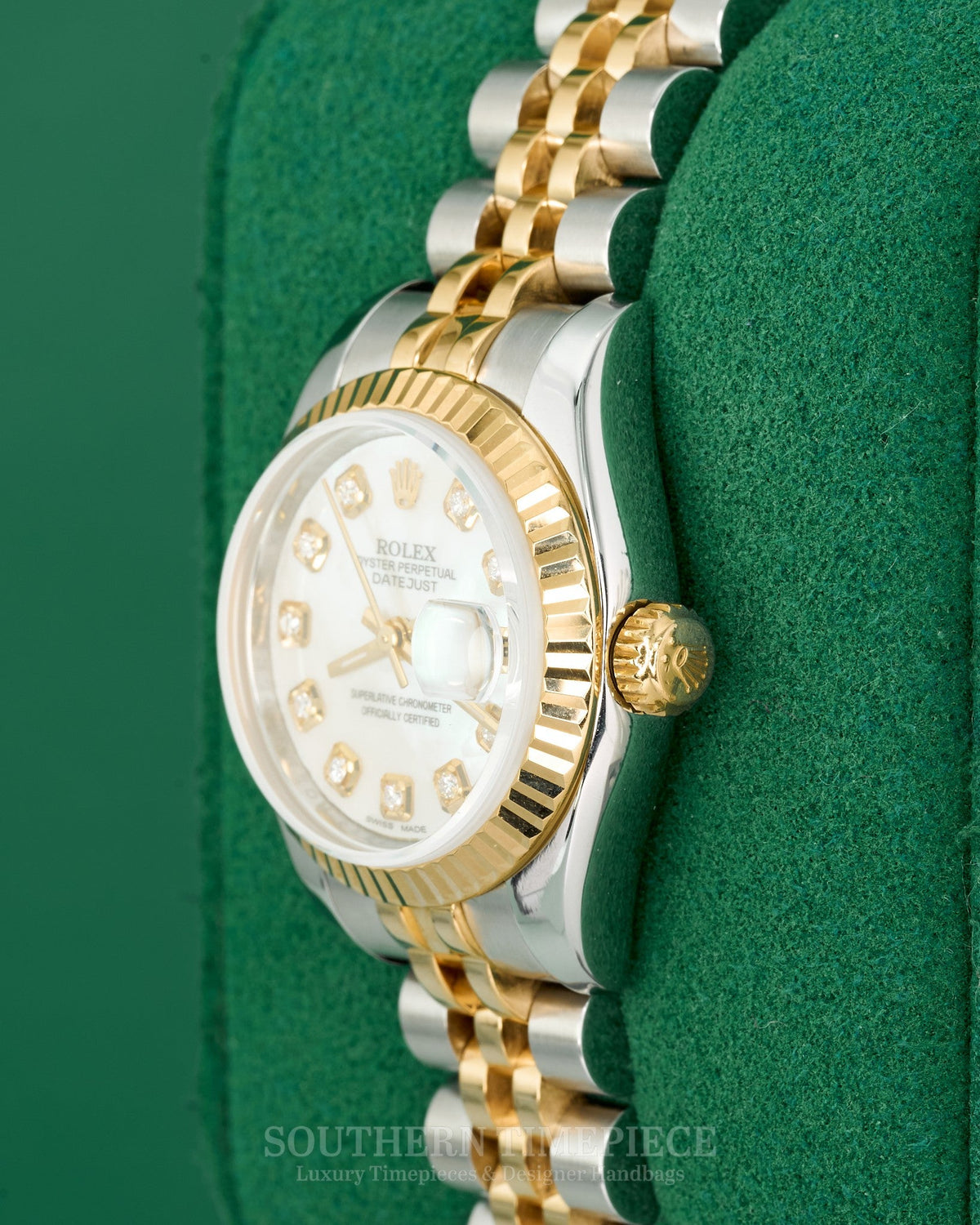 26mm Rolex Datejust with a Custom Mother of Pearl Diamond Dial in 18kt Yellow Gold and Stainless on Jubilee (Ref: 179173)(Year: 2011+)