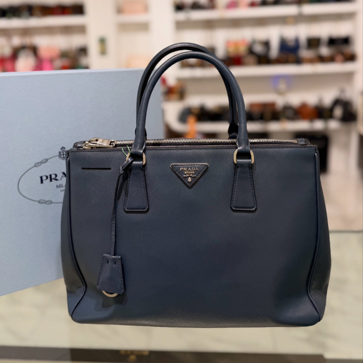 Prada Large Galleria Tote - Blue Saffiano Leather & Silver Hardware