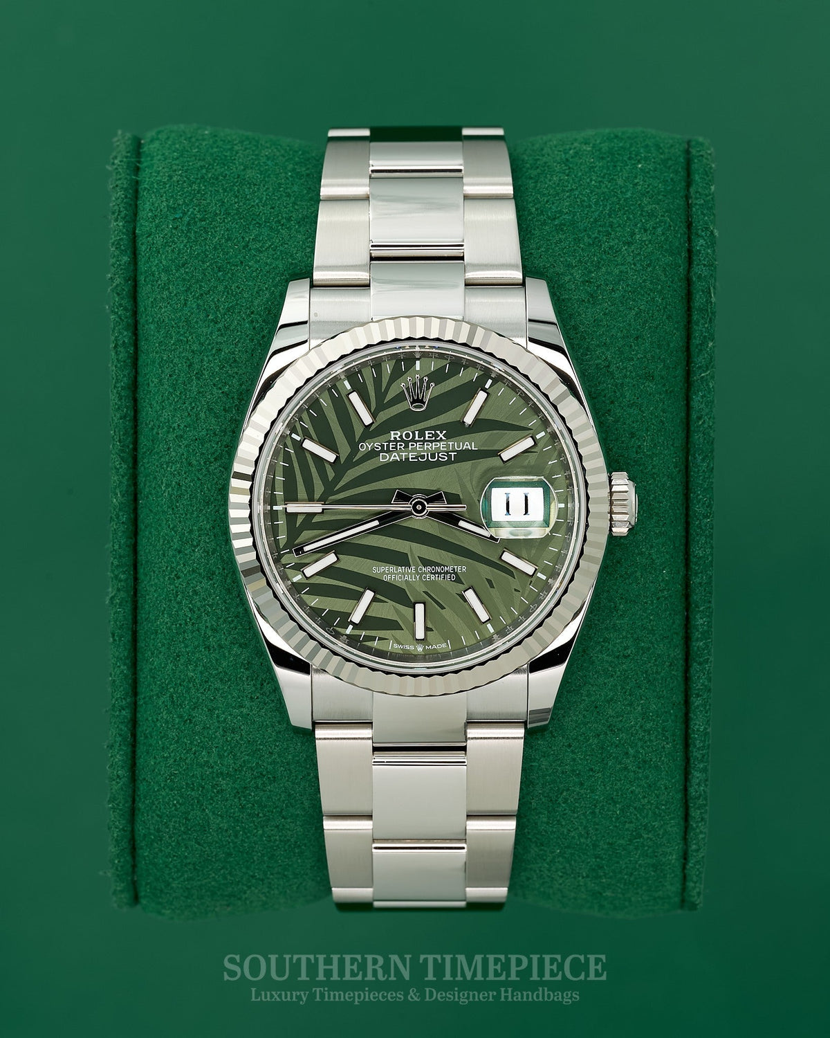 Brand New 2023 36mm Rolex Datejust with Rare Palm Dial in 18kt White Gold and Oystersteel on Oyster (Ref: 126234)(Year: 2023)(Box & Papers)