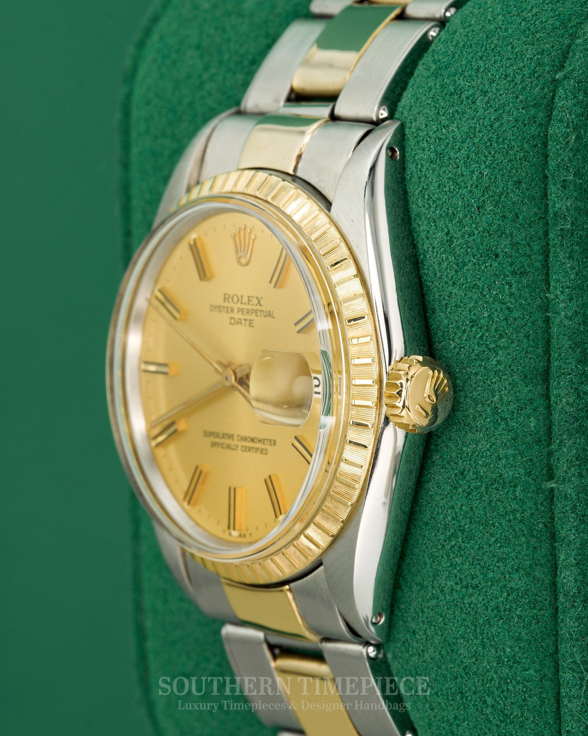 34mm Rolex Date with Champagne Stick Dial in 14kt Yellow Gold and Stainless on Oyster (Ref: 1501)(Year: 1969)